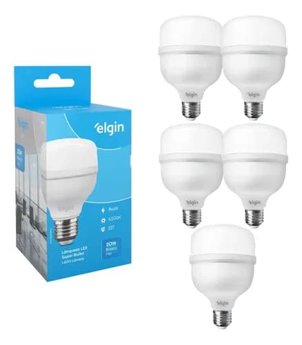 Kit 5 Lâmpadas Super Bulbo Alta Potência Led 20w 6500k Elgin 220v 6500k Branca Fria