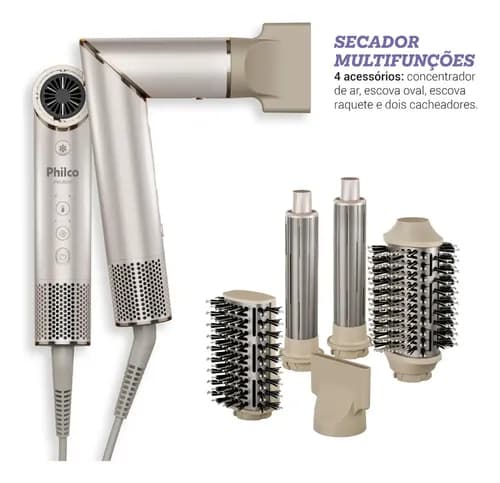 Secador De Cabelos Philco psc3500 4 Em 1 dobrável motor bldc Prateado Bege 127v