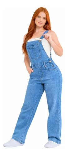 Jardineira Jeans Macacão Slim Com Elastano Cintura Alta Luxo Azul Liso 44