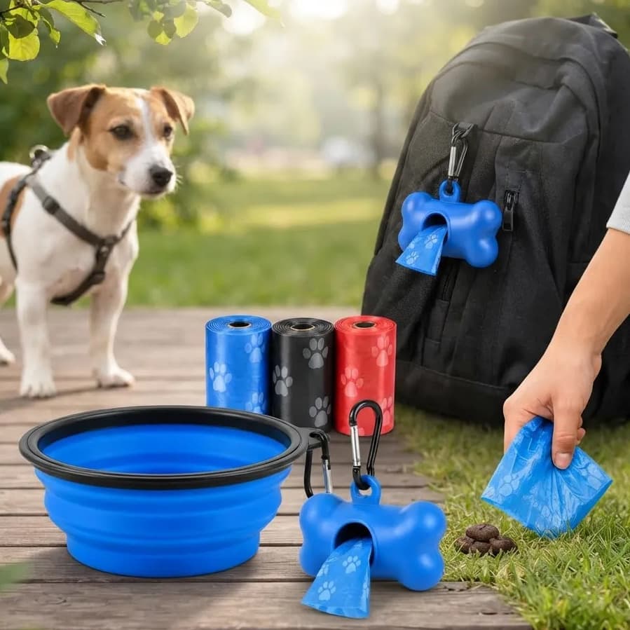 Kit Pet Cachorro Tigela Retrátil + Porta Saquinhos +15 Refil Sortidos