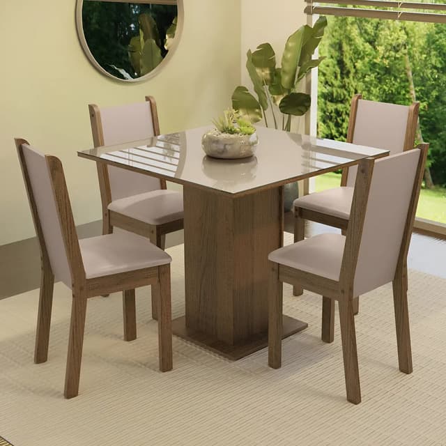 Sala De Jantar Mesa Tampo De Vidro 4 Cadeiras Tifani Madesa Cor Rustic/crema/sintético Bege Xmmdja040165