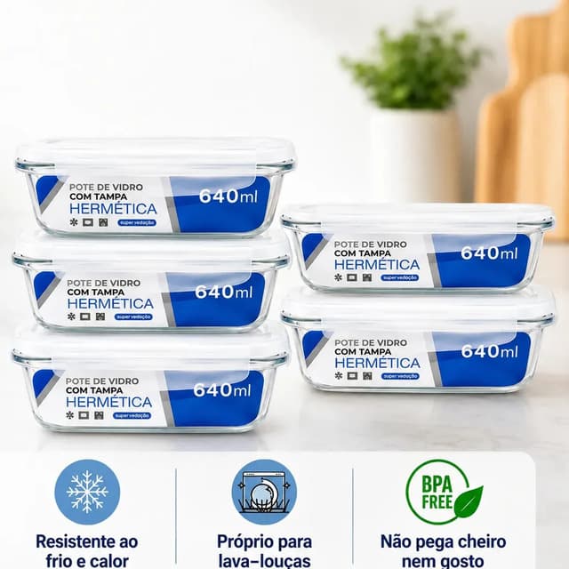Kit 5 Potes Vidro Hermético 640ml Marmita Forno Micro-ondas Transparente