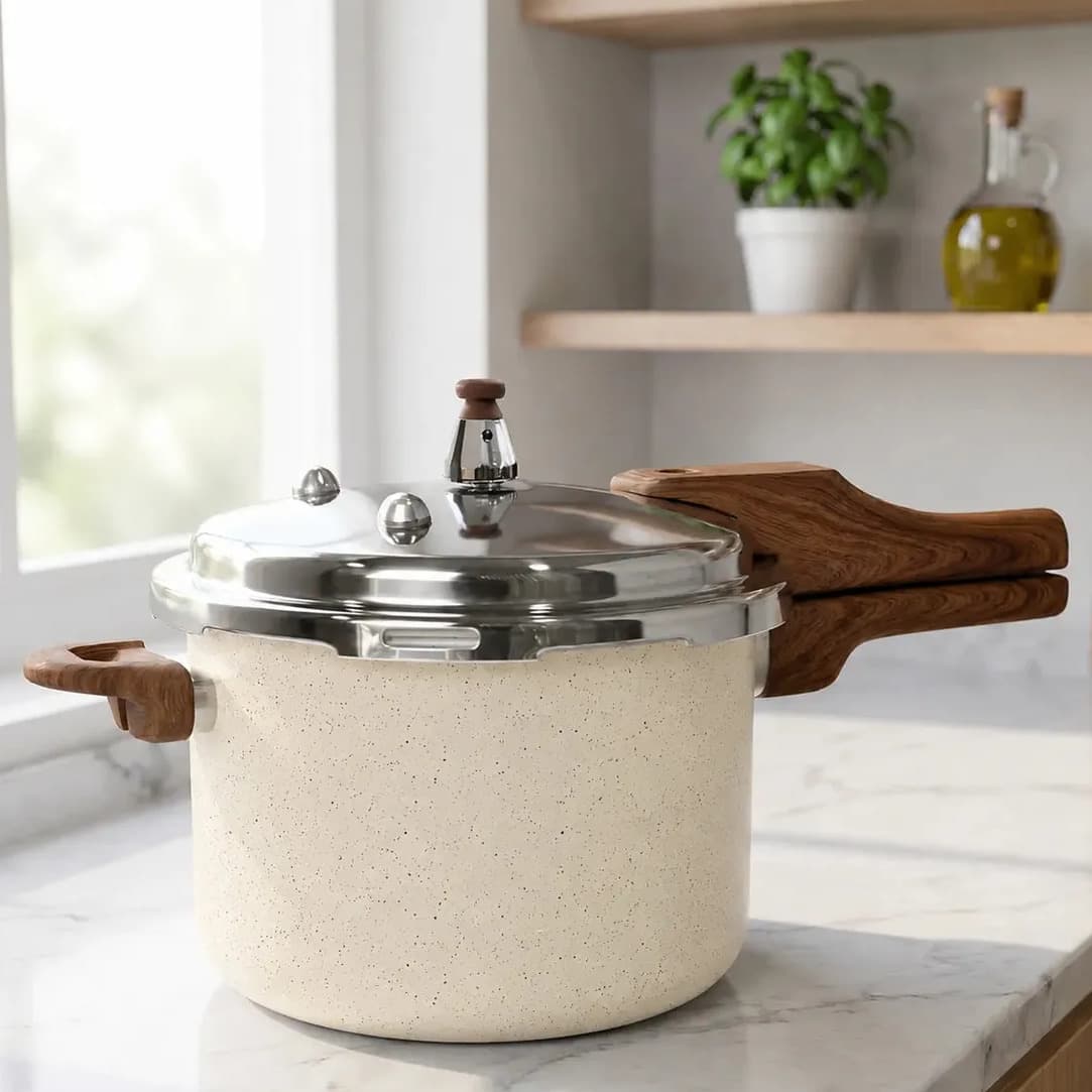 Panela De Pressão Indução 4,2L Revestimento Ceramico Antiaderente Com 4 Valvulas De Segurança Fechamento Externo, Cabos Soft Touch Vitrex Creme Granito