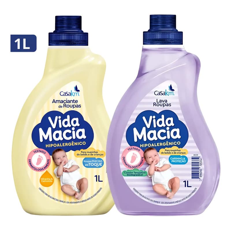 Kit Casa KM lava roupas liquido e amaciante bebe vida macia 1L 2u