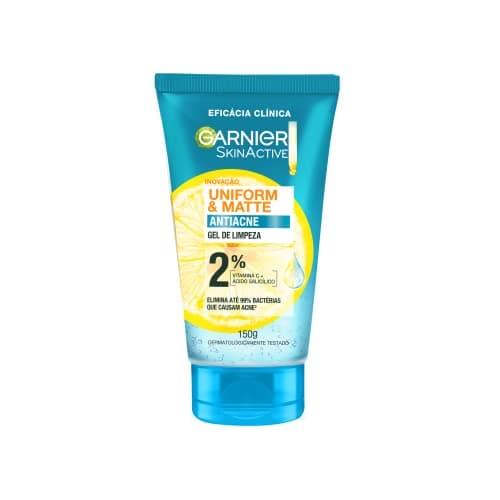 Garnier Uniform & Matte, Gel de Limpeza Facial com Ácido Salicílico e Vitamina C, Combate Cravos e Espinhas, Reduz a oleosidade e Controle da Pele Acneica, 150g