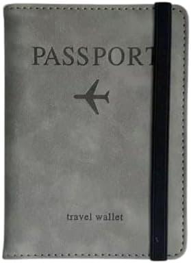 Carteira Porta Passaporte de Viagem com Elástico PU Couro, Compartimentos para Cartões e Passaporte Organizador de Documentos (Cinza)