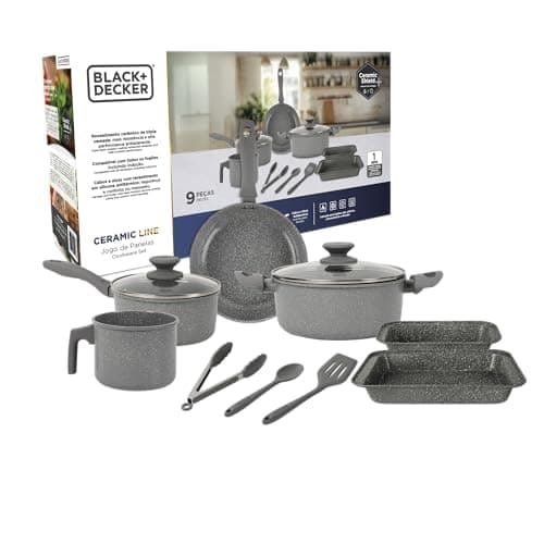 BLACK+DECKER JOGO DE PANELAS 9 PEÇAS CERAMIC LINE - CORPO COM REVESTIMENTO CERÂMICO ANTIADERENTE COM ACABAMENTO MARMORIZADO GREY MARBLE, BASE COMPATÍVEL COM INDUÇÃO