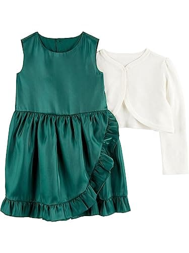 Simple Joys by Carter's Conjunto de 2 peças de vestido e cardigã para ocasiões especiais para bebês e bebês meninas, Verde esmeralda/branco, 12 Meses