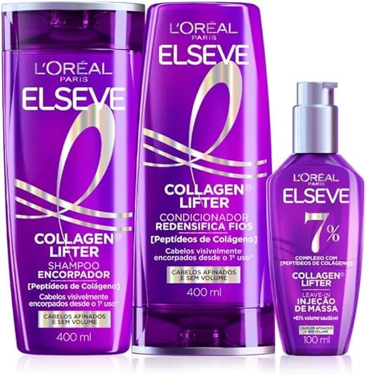 L'Oréal Paris Elseve Collagen Lifter Kit Shampoo, Condicionador e Sérum Leave-in com Peptídeos e Proteção Térmica para Cabelos Finos, Volume em 3D, 400ml + 400ml + 100ml