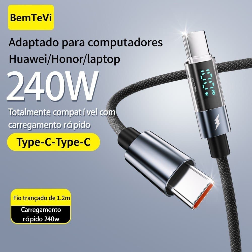 BemTeVi Cabo Tipo C USB Pd 240W Cabo de dados de carregamento rápido 5A para iPhone/Samsung/Motorola