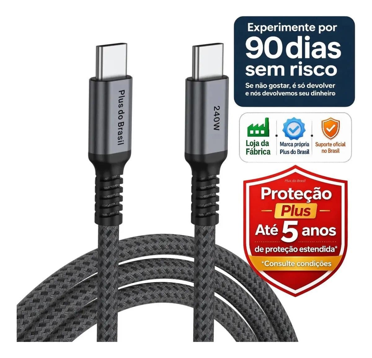 Cabo USB-C Duplo Plus do Brasil 240W 2m com chip E-Mark