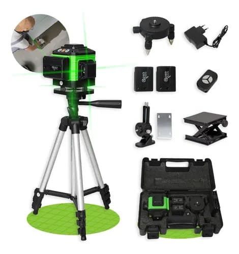 Kit Nível A Laser Verde 16 Linhas Esquadro + Suporte + Tripé Recarregável Profissional Prumo Autonivelante Óculos