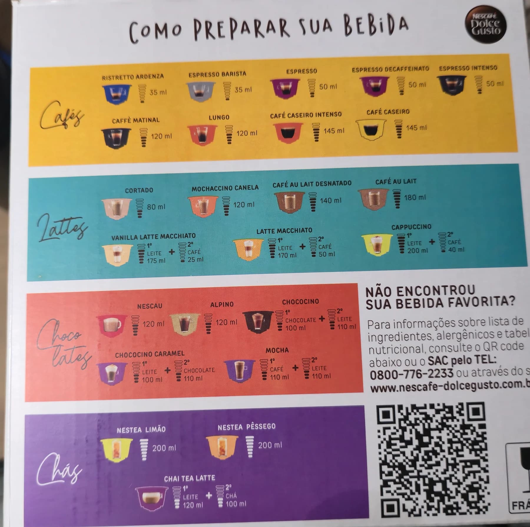 Tabela de preparo impressa em uma embalagem Dolce Gusto com volumes de cafés, lattes, chocolates e chás