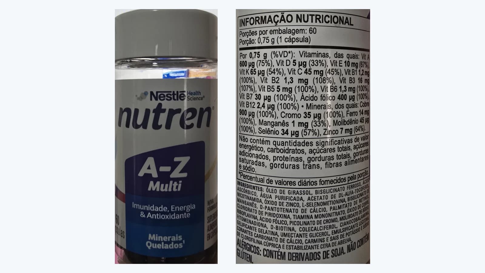 Frasco do Nutren A-Z Multi de 60 cápsulas: a frente e o rótulo com a informação nutricional e os ingredientes