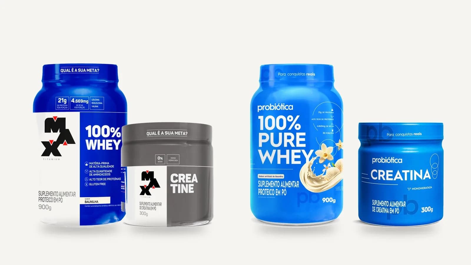 Montagem com fotos oficiais das lojas: 100% Whey e Creatina 300 g, da Max Titanium, à esquerda, e 100% Pure Whey e Creatina 300 g, da Probiótica, à direita