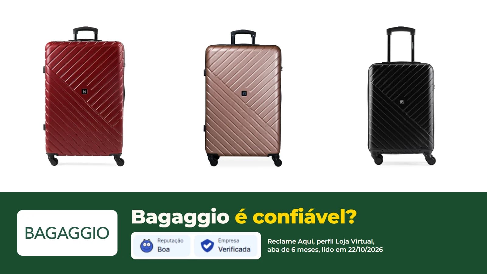 Três malas Detroit da Bagaggio, vermelha, rosé e preta, com o logo da loja, a pergunta Bagaggio é confiável? e os selos do perfil no Reclame Aqui lidos em 22/10/2026