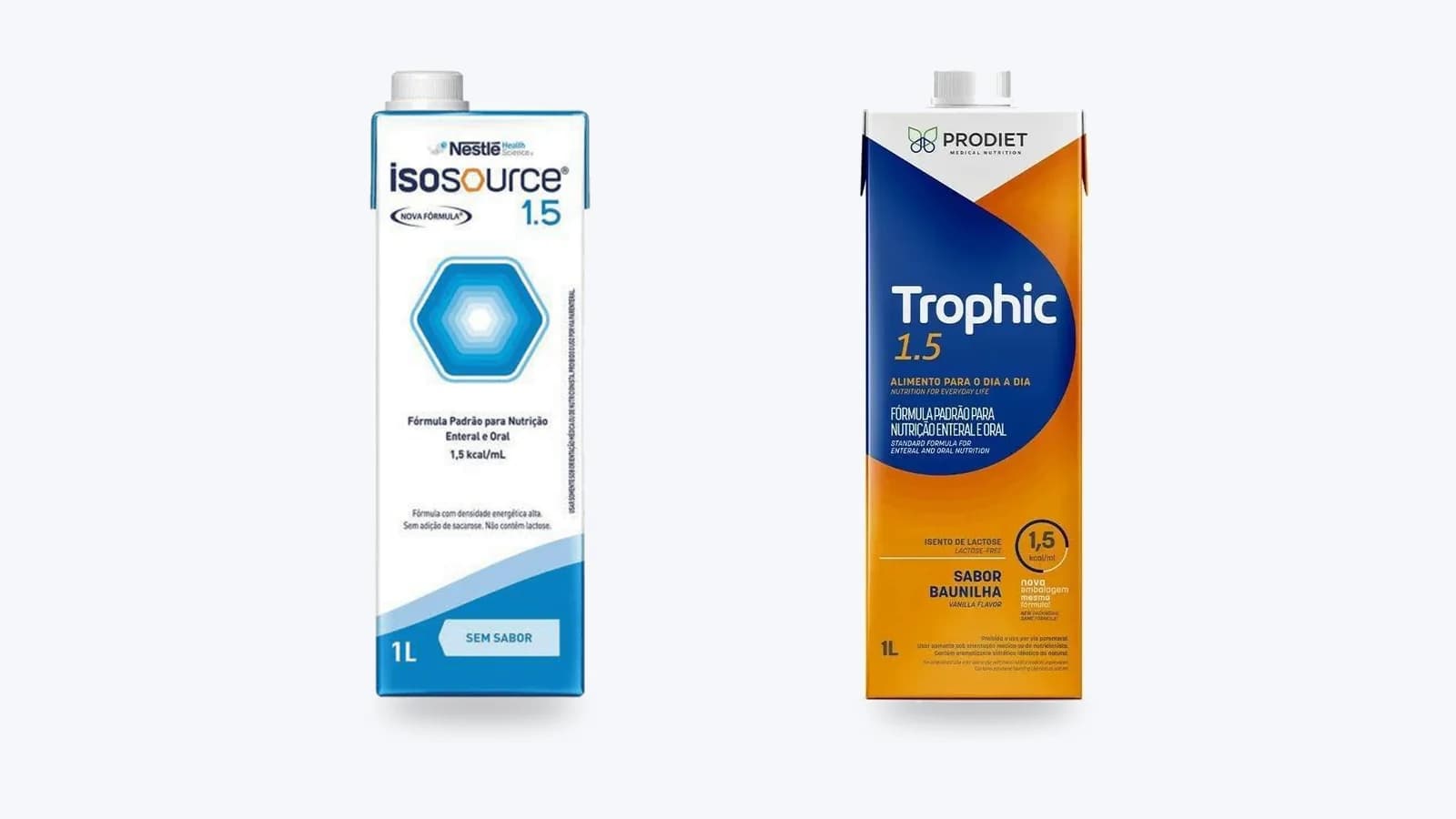 Caixas de 1 L do Isosource 1.5 Sem Sabor, da Nestlé Health Science, e da Trophic 1.5 Baunilha, da Prodiet, lado a lado