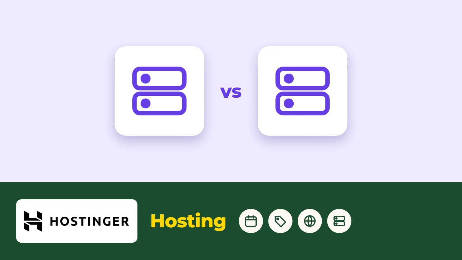 Zwei Server-Symbole nebeneinander, mit dem Hostinger-Logo und dem Wort Hosting im Band