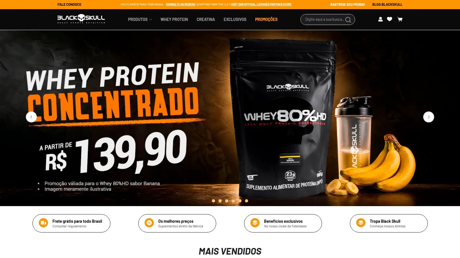 Página inicial do site da Black Skull em 14/10/2026, com o banner do Whey Protein Concentrado a partir de R$ 139,90