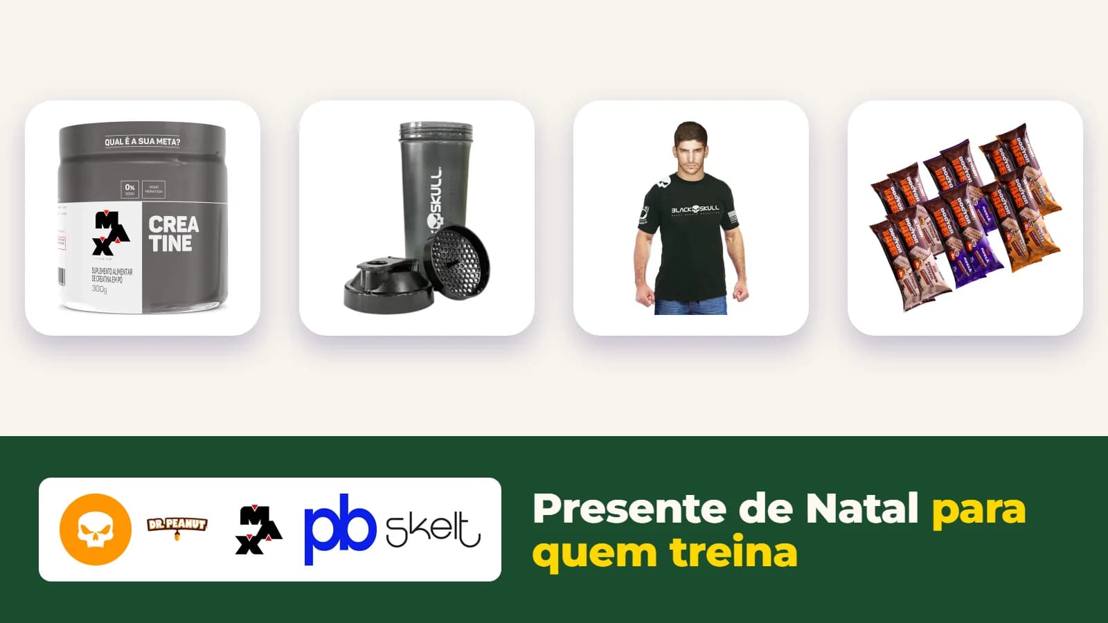 Creatina, coqueteleira, camiseta e snack de marcas parceiras, em fundo claro.