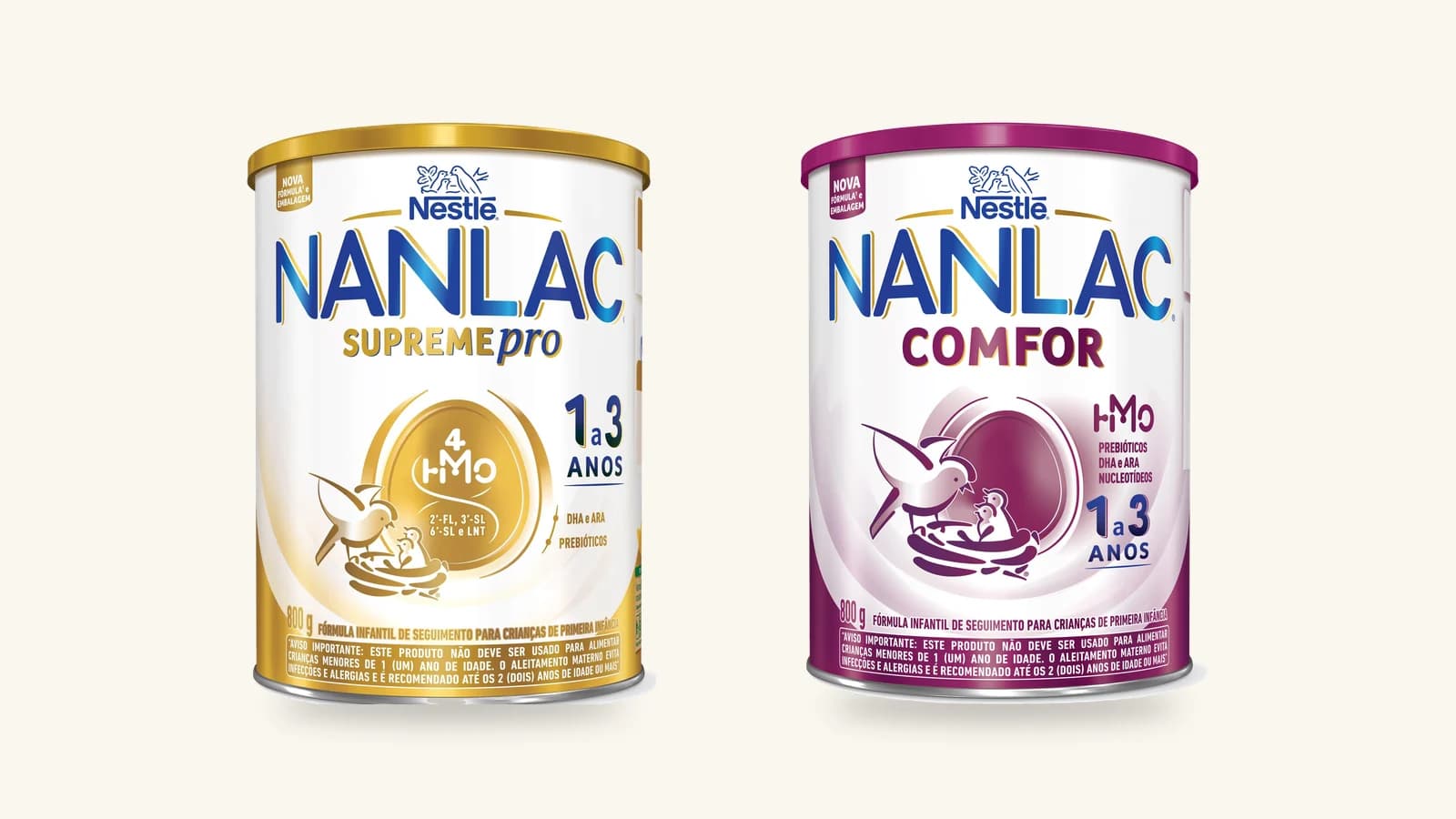 Latas de 800 g do Nanlac Supreme Pro e do Nanlac Comfor HMO, fórmulas infantis de primeira infância de 1 a 3 anos, lado a lado