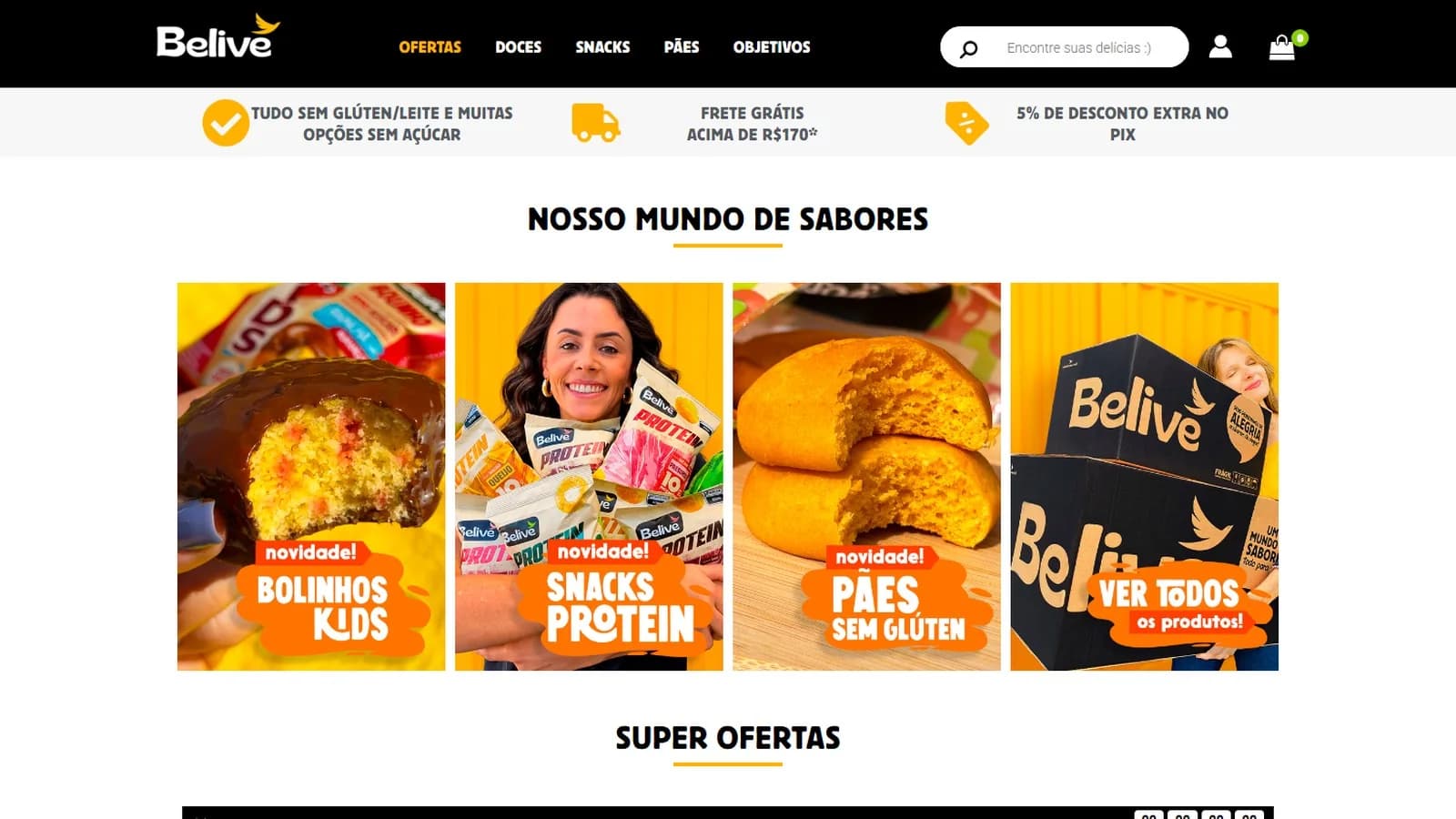 Página inicial do site belivebefree.com.br em 16/10/2026, com a vitrine de doces, snacks e pães sem glúten