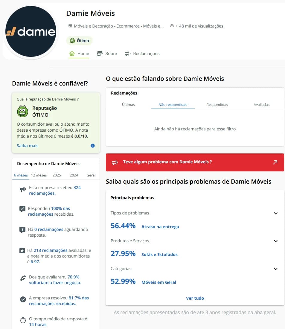 Painel do Reclame Aqui da Damie Móveis mostrando nota 8.0 e reputação Ótimo.