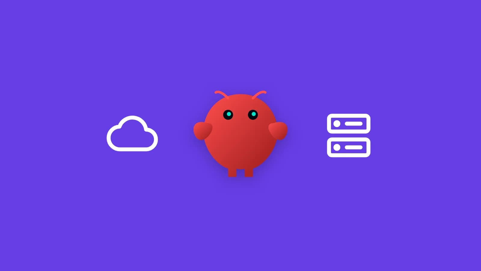Rotes OpenClaw-Maskottchen zwischen einem Wolkensymbol und einem Serversymbol, in Weiß auf violettem Hintergrund