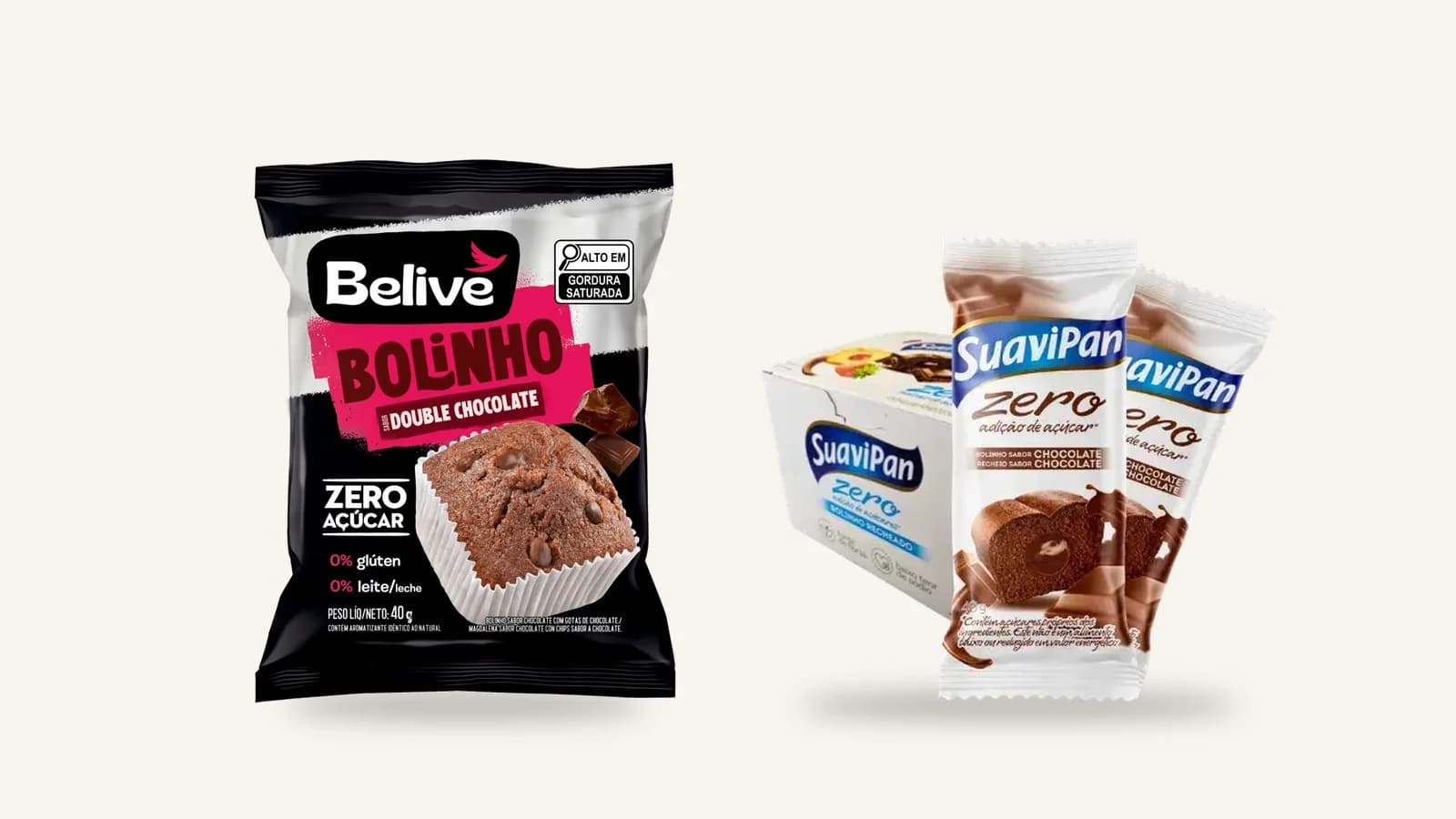 Embalagem do bolinho de chocolate sem açúcar da Belive ao lado do kit de bolinhos zero adição de açúcar de chocolate da Suavipan