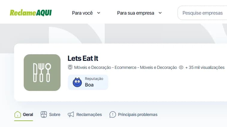 Perfil da Lets Eat It no Reclame Aqui, na categoria Móveis e Decoração, com reputação Boa
