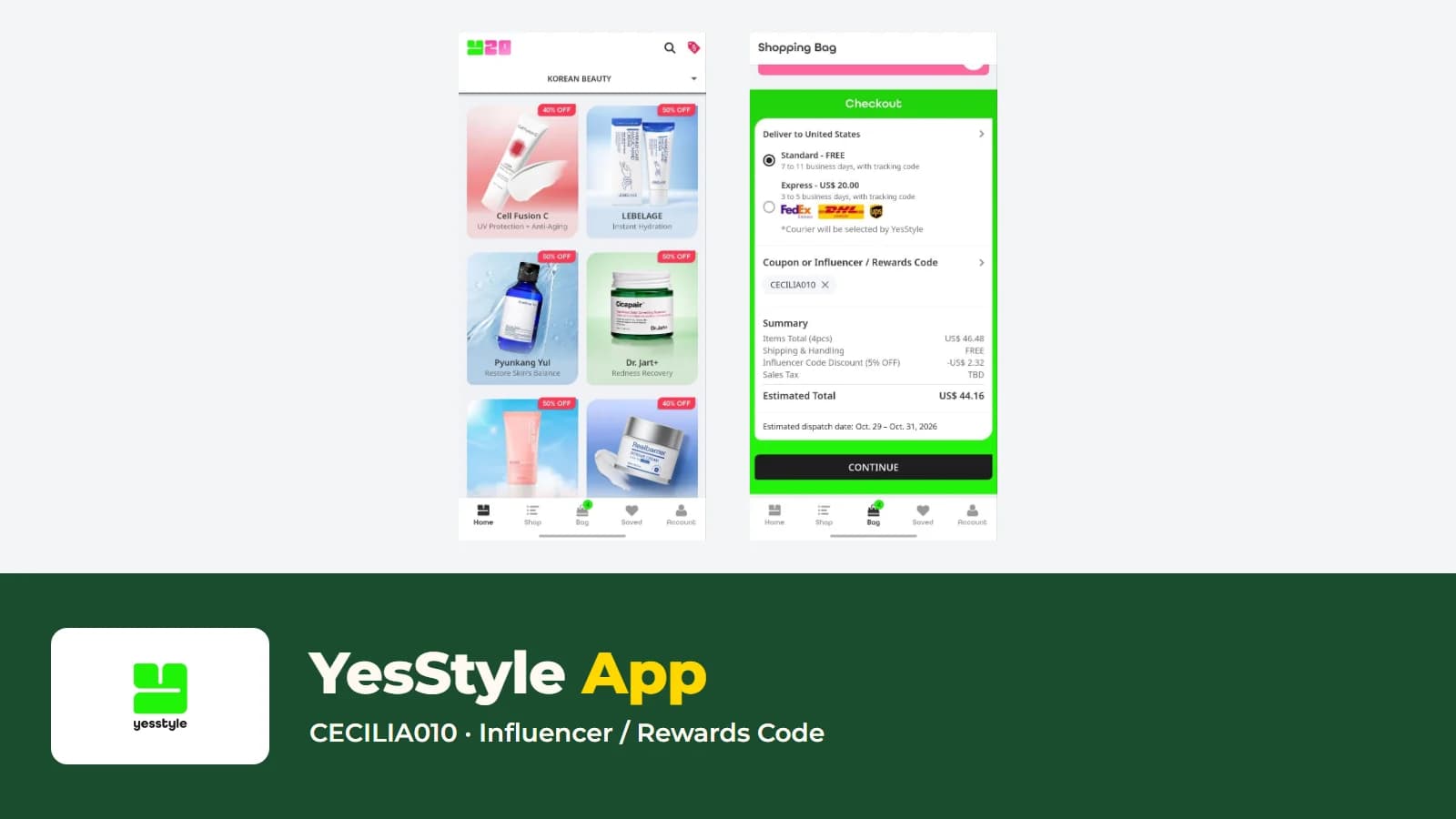 YesStyleアプリの2つの画面。韓国コスメが並ぶホームと、CECILIA010を適用したチェックアウト。YesStyleのロゴと「YesStyle App」のタイトル入り