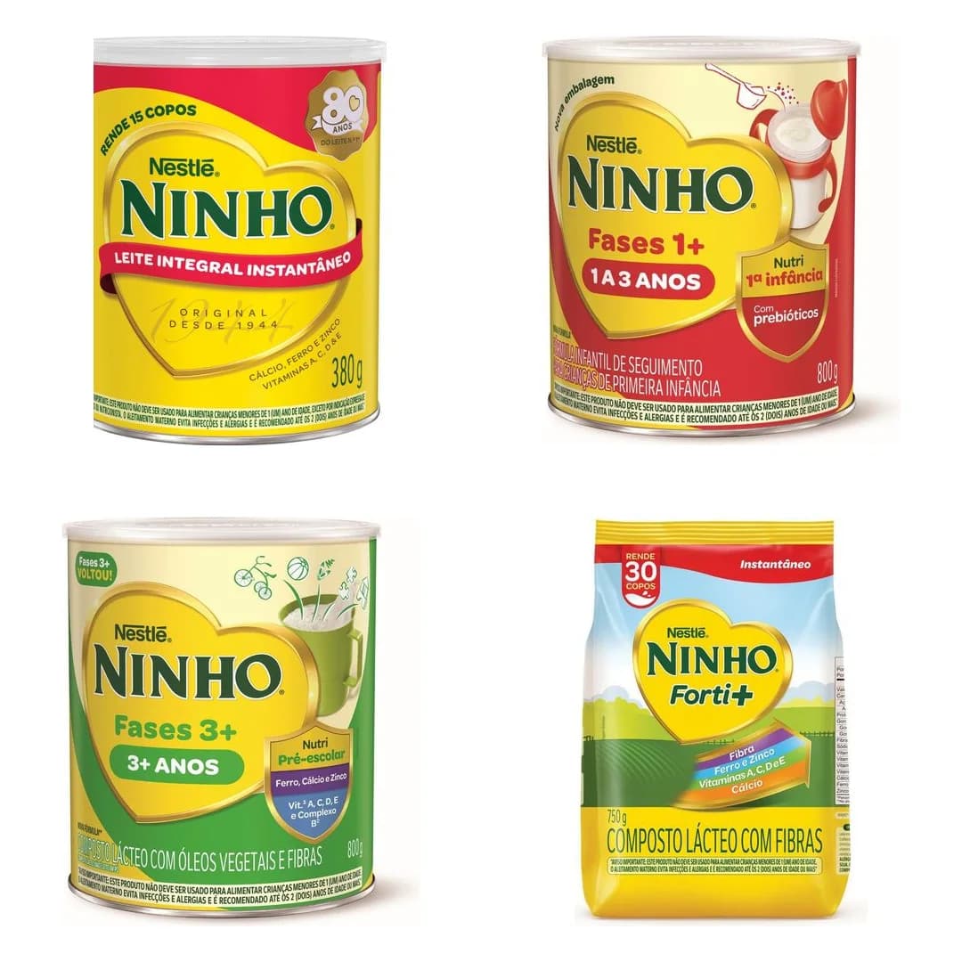 Fotos oficiais da Nestlé: Ninho Integral Instantâneo, Ninho Fases 1+, Ninho Fases 3+ e Ninho Forti+ Fibras