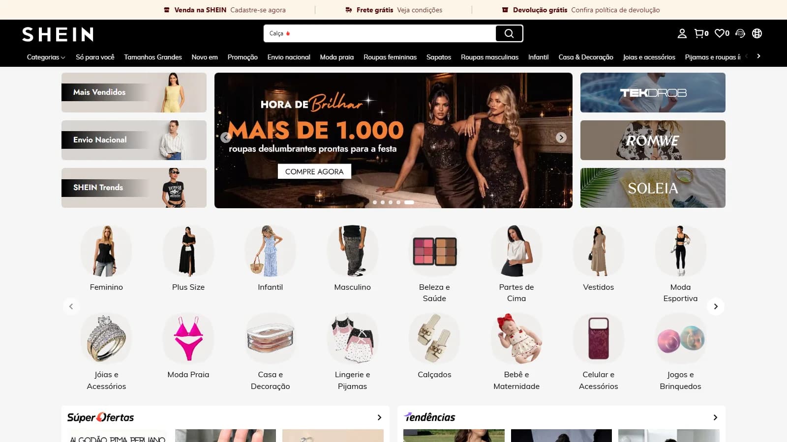 Página inicial do site da SHEIN Brasil em 12/10/2026, com a campanha do dia, o menu de categorias e a barra de busca