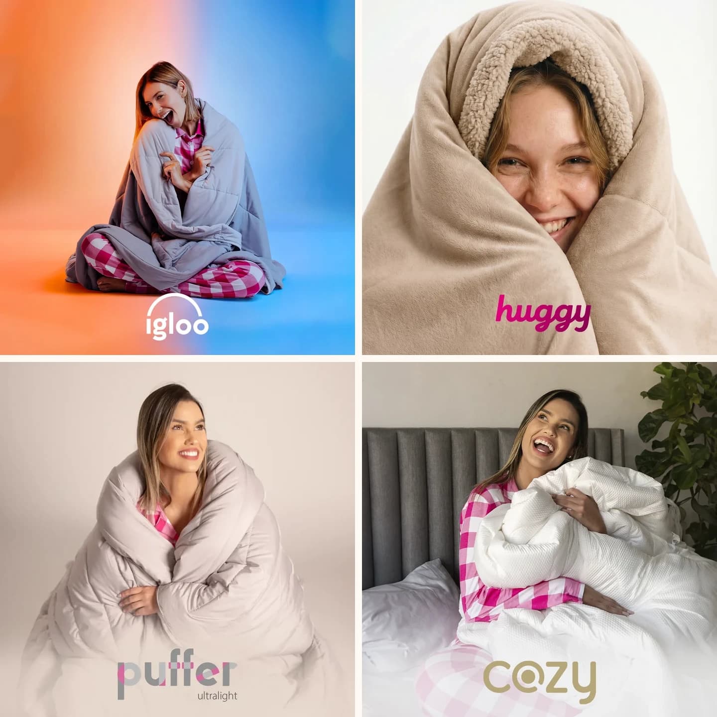 Grade com fotos oficiais das 4 linhas de cobertores I Wanna Sleep: Igloo, Huggy, Puffer Ultralight e Cozy