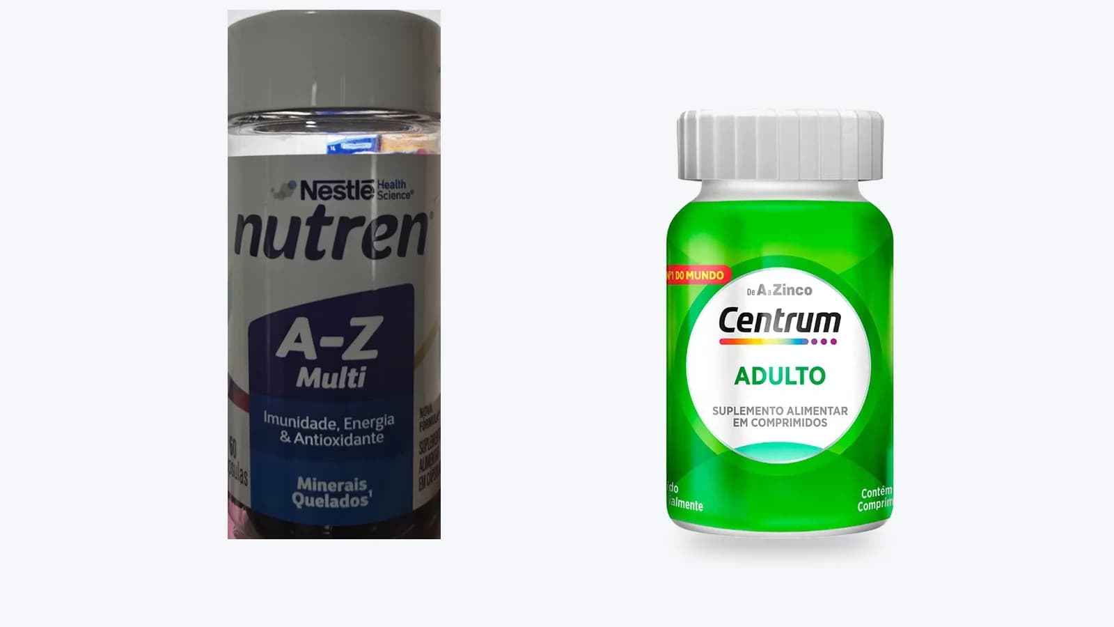 Frasco do Nutren A-Z Multi de 60 cápsulas ao lado do frasco do Centrum A a Zinco Adulto
