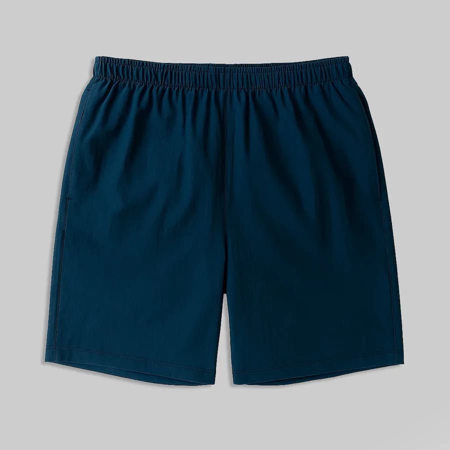 Short Esportivo Endorphine azul-marinho, peça aberta sobre fundo cinza