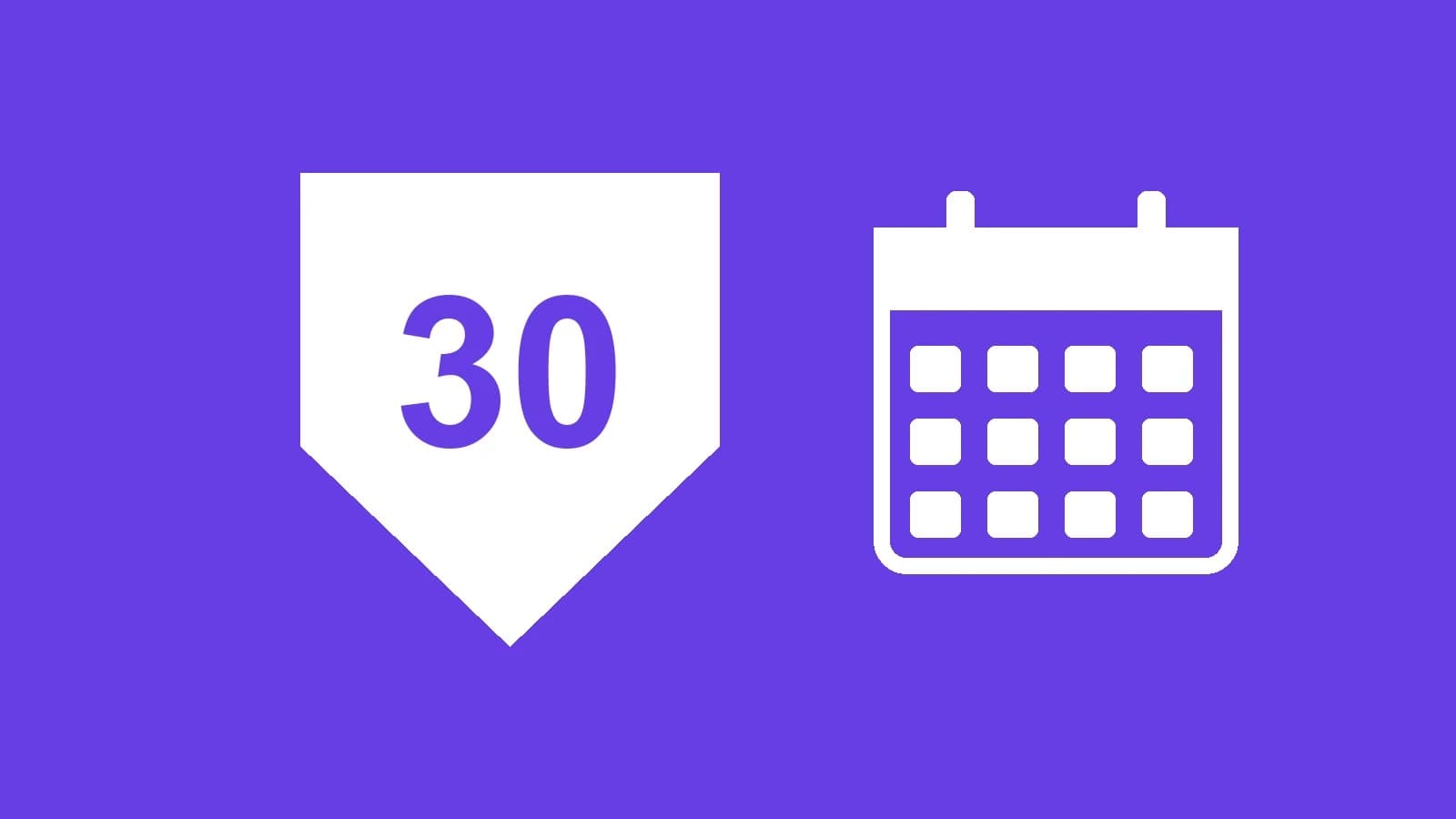 Scudo con il numero 30 accanto a un calendario, in bianco su sfondo viola