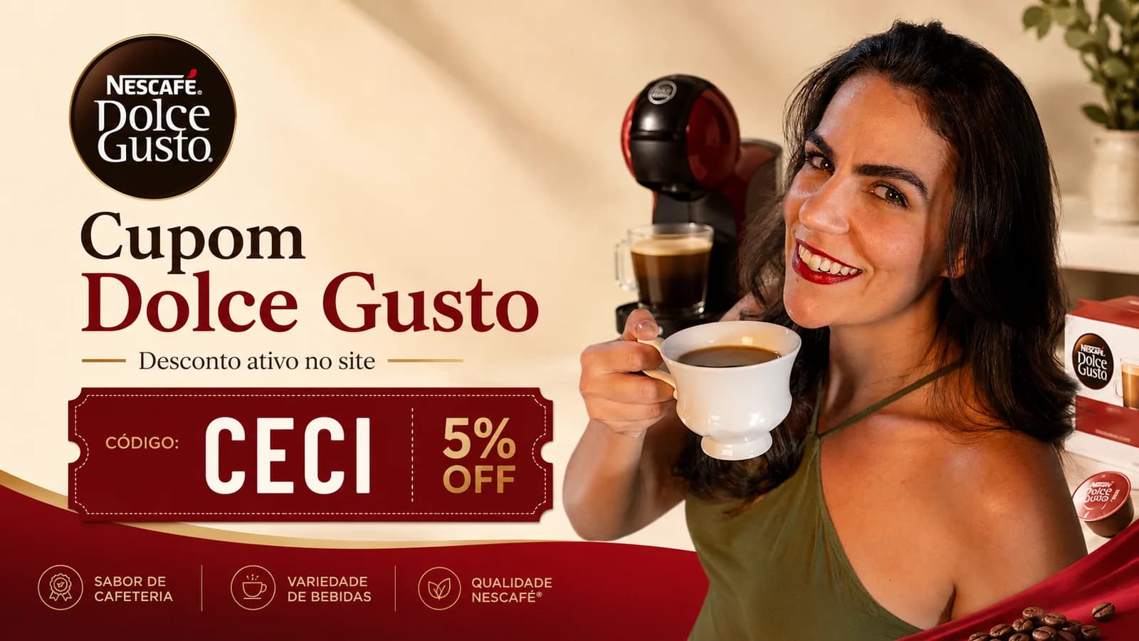 Cápsulas de café NESCAFÉ Dolce Gusto e máquina de café em cima de uma mesa.