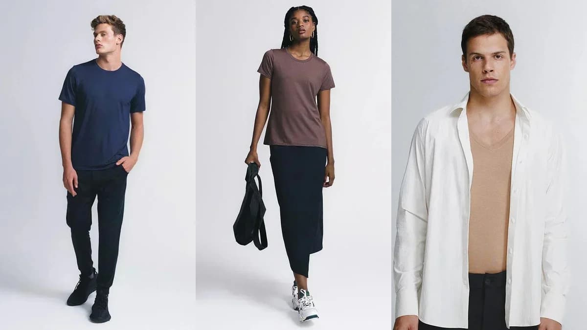 Fotos oficiais da Insider: homem com Tech T-Shirt azul-marinho, mulher com Tech T-Shirt Feminina e homem com Undershirt Antissuor por baixo de camisa social branca