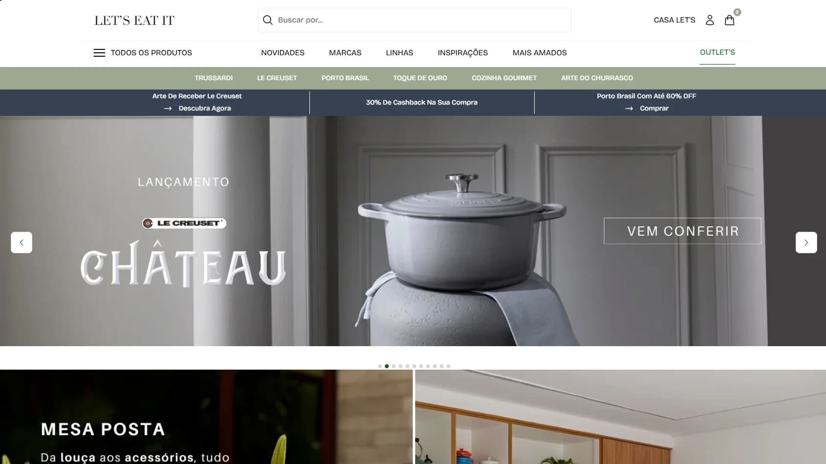 Página inicial da Let's Eat It com o banner da linha Le Creuset Château e as vitrines de mesa posta e cozinha