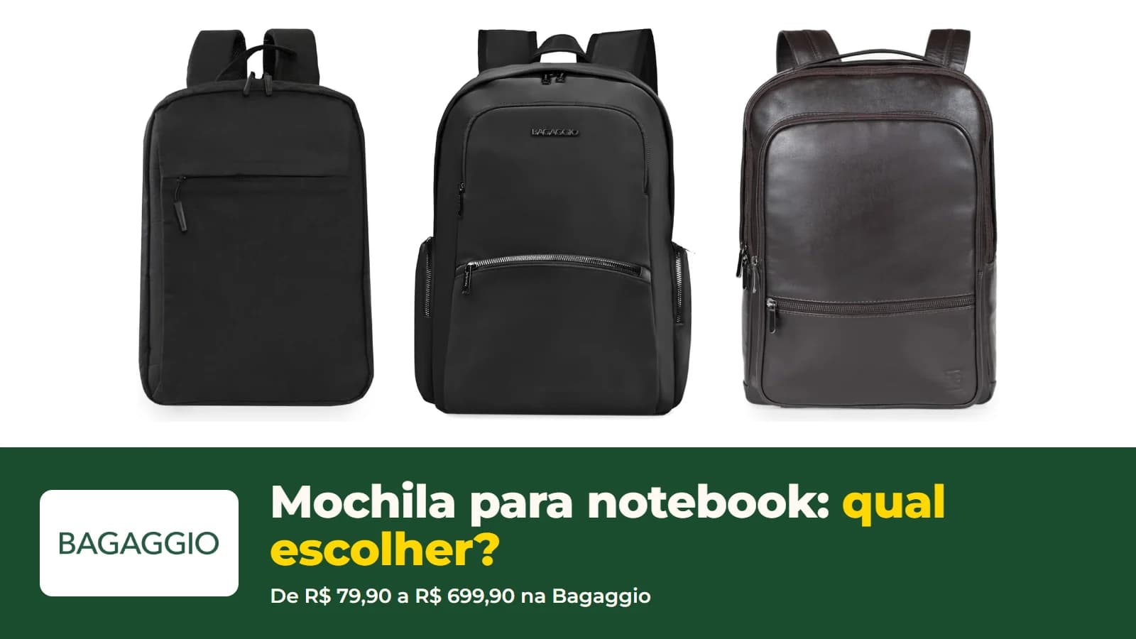 Mochilas para notebook da Bagaggio, pretas e de couro, em foto oficial da loja, com o logo da Bagaggio