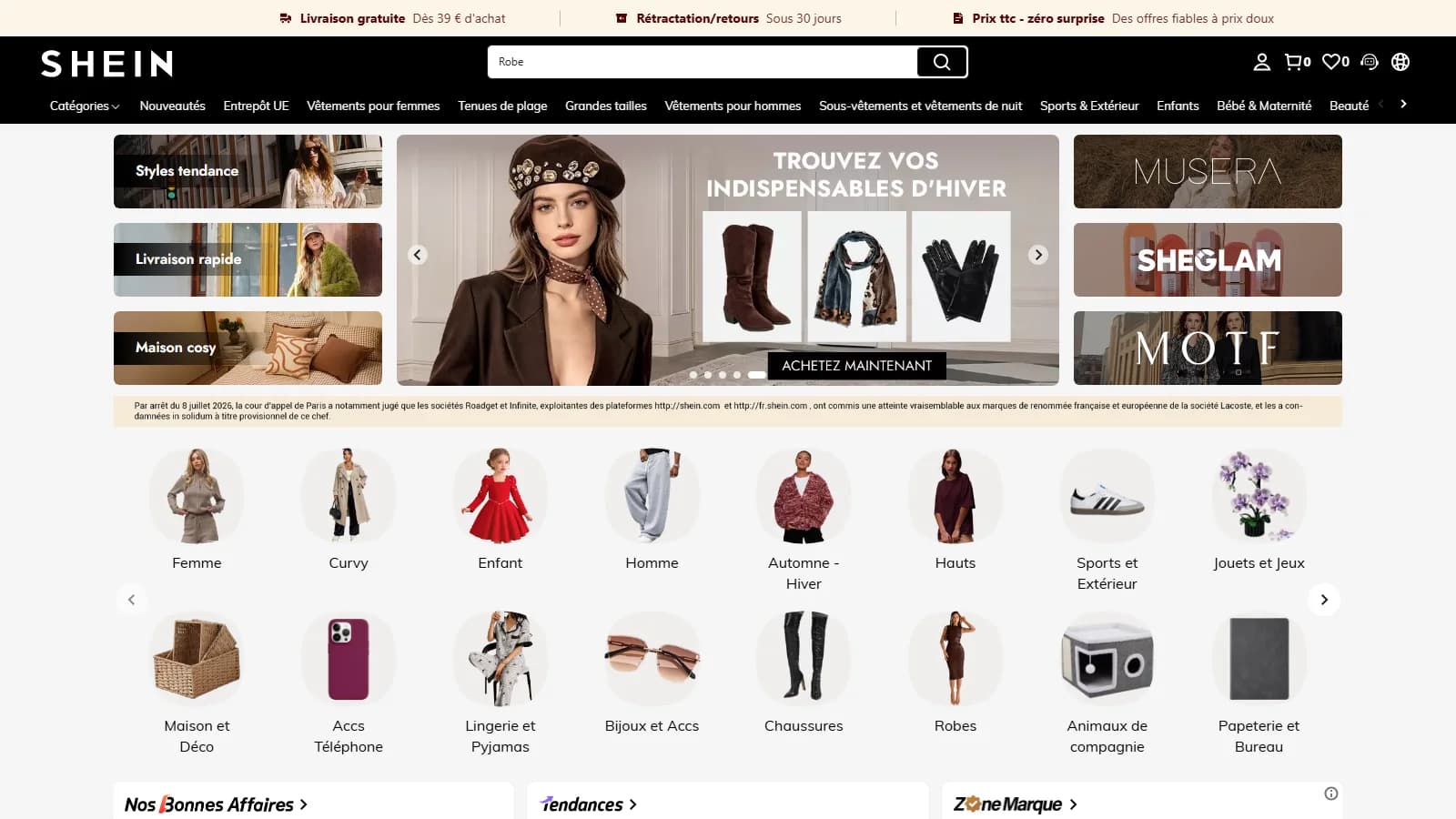 Page d'accueil du site SHEIN France le 12/10/2026, avec la campagne du jour, le menu des catégories et la barre de recherche