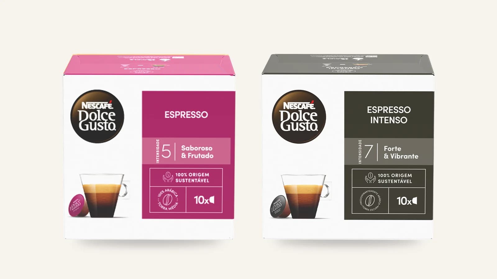 Caixas de cápsulas NESCAFÉ Dolce Gusto Espresso, intensidade 5, e Espresso Intenso, intensidade 7, com 10 cápsulas cada