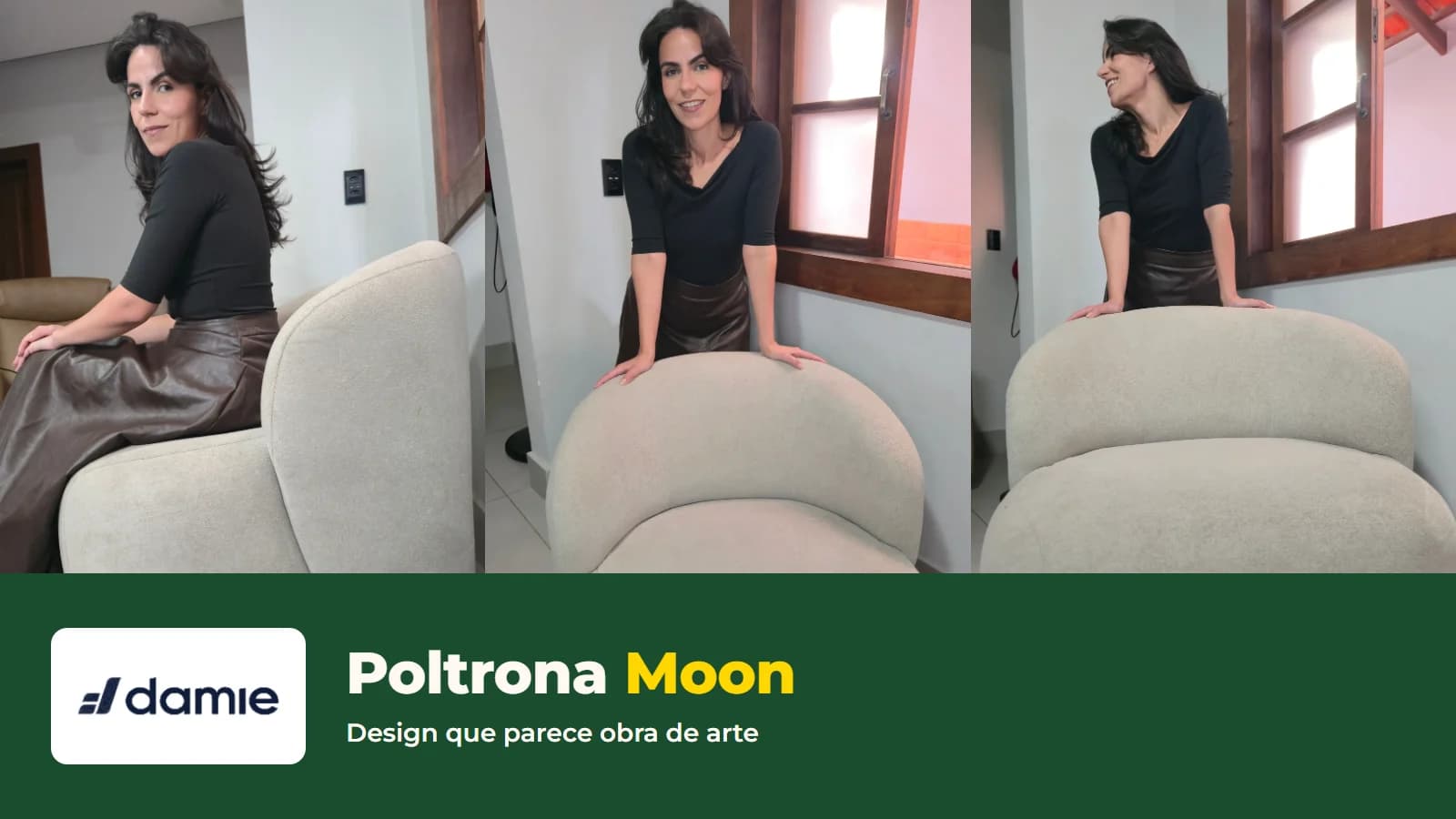 Cecília sentada e apoiada na Poltrona Moon em três fotos na sala de casa