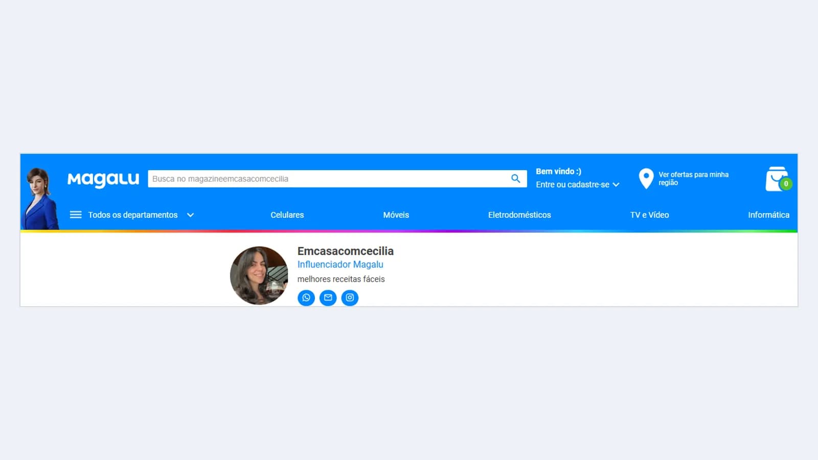 Topo da loja Emcasacomcecilia no Magalu, com o selo Influenciador Magalu e o cabeçalho do Magalu