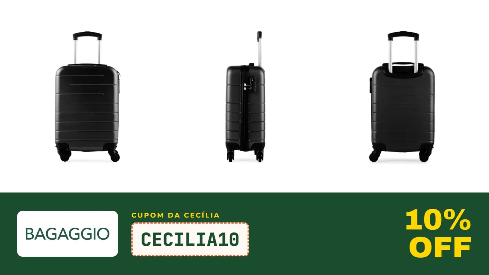 Mala de bordo Downtown Preta vendida pela Bagaggio, de frente, de lado e de costas, com o logo da loja e o cupom CECILIA10 de 10% OFF