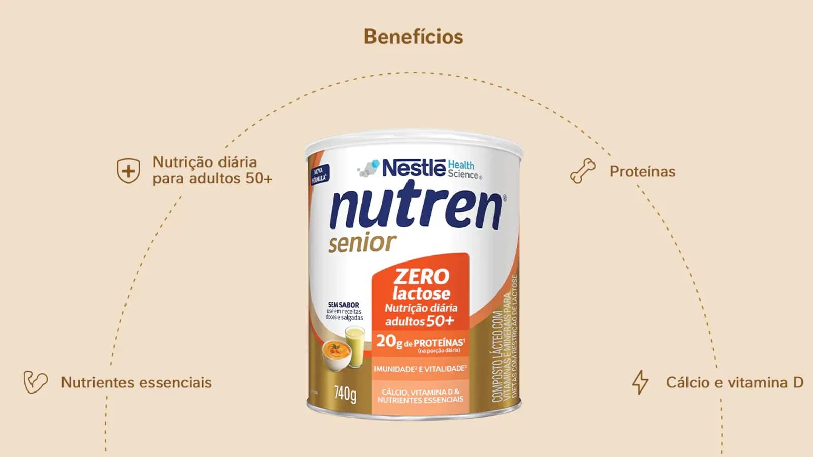 Lata de 740 g do Nutren Senior Zero Lactose sem sabor, em imagem oficial da loja Nestlé Nutre