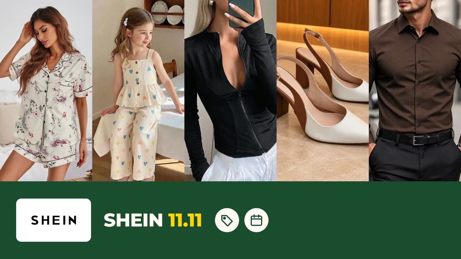 SHEIN 11.11 精选拼图:碎花睡衣、儿童套装、开衫、后空高跟鞋和男士衬衫,带 SHEIN 标志