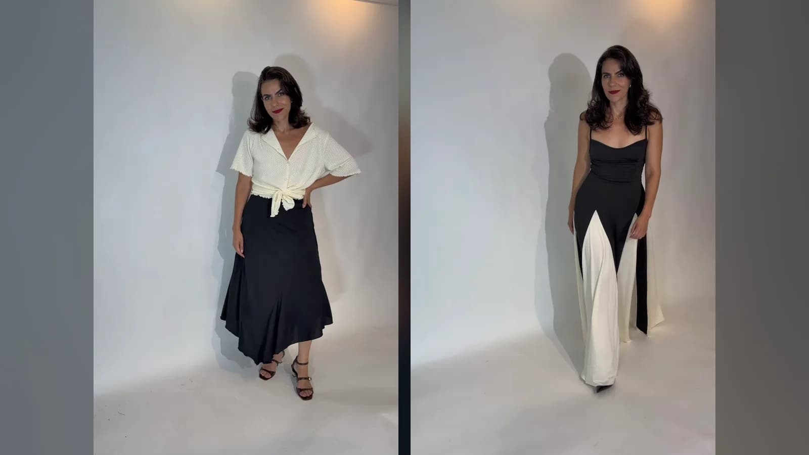 Cecília Mauad in due look di un haul SHEIN: una camicetta chiara annodata in vita con gonna midi nera, e un abito lungo nero con inserti chiari.