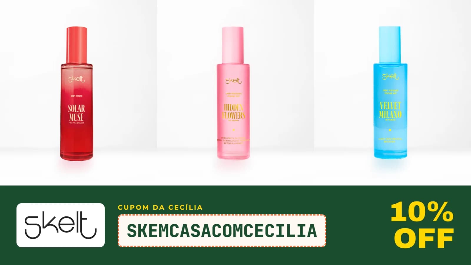 Frascos dos body splash Solar Muse, Hidden Flowers e Velvet Milano da Skelt, com o logo da loja e o título Body splash Skelt: qual escolher?